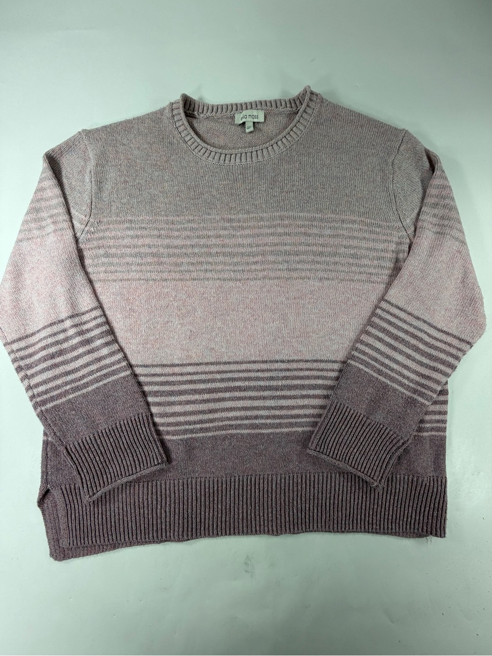 Ella Moss Pink Mauve Ombre Striped Pullover Sweater Side Slit Womens Size Large